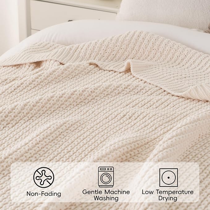 Cream White Throw Blanket for Couch Bed, Waffle Knit Throw Blanket 60"x80" | Ivory Chunky Chenille Throw Blanket, Modern Farmhouse Knitted Blankets, Warm Decorative White Blanket Throw for Home Decor