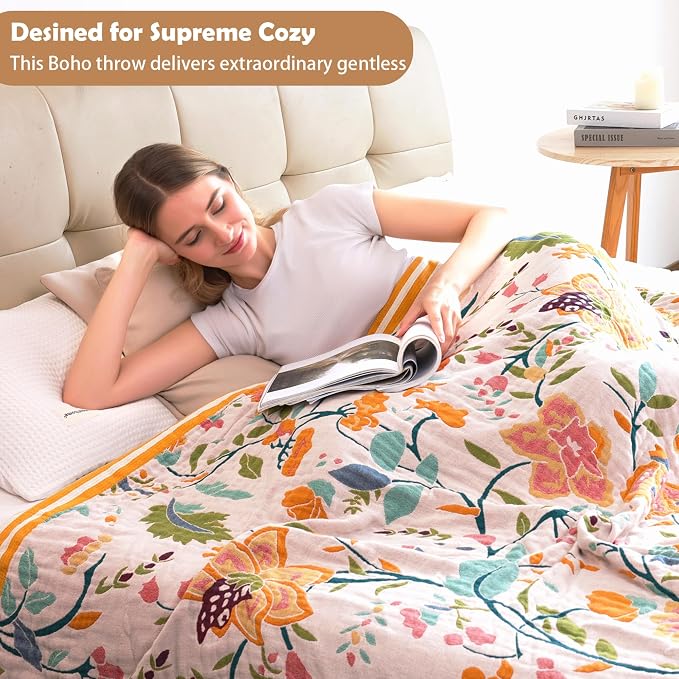 VANJOROY Boho Throw Blanket, 100% Organic Cotton Breathable Ultra Soft 91" x 98" Bed Quilt Throw - All Season Floral Rustic Farmhouse Decor Luxury Reversible Blanket for Sofa Couch Chair and Gift