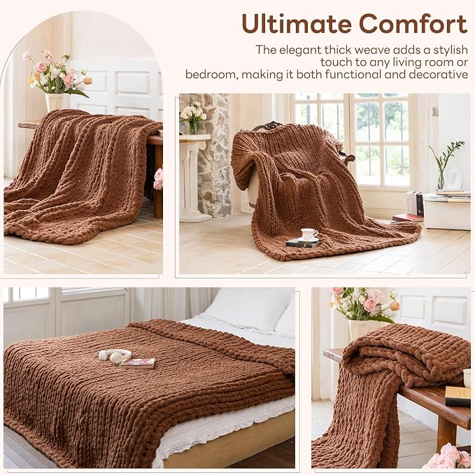 Chunky Knit Blanket - Luxury Soft Cozy 60 * 80 Throw Blanket,100% Woven Blanket Rope Knot Throw Blanket for Couch, Sofa, Home Decor, Gift - Machine Washable (Reddish-Brown, 60 * 80)
