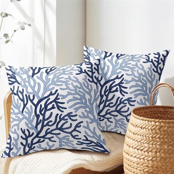 Nautical Coastal Coral Blue White Pillow Covers 18x18 Inch Set of 2 Summer Ocean Themed Beach Pillow Cases Outdoor Linen Square Cushion Cover Farmhouse Decor for Bedroom Home Sofa Couch Bed
