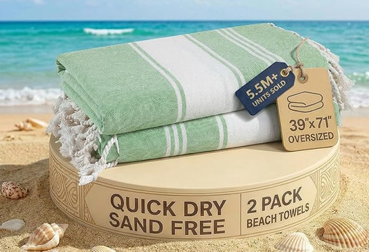 LANE LINEN Turkish Beach Towels, 2 Pack Extra Large Beach Towel, Pre-Washed for Soft Feel, Oversized Sand Free Quick-Dry Pool Towel, Beach Towels for Adults,39"x71" - Jade Green
