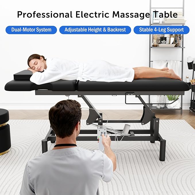 Dolonm 2 Motors Electric Massage Table, Hydraulic Electric Lift Adjustable Backrest and Height Lifting for Treatment, Physical Therapy, Spinal Massage, Facial Spa, Waxing, Tattooing - Black