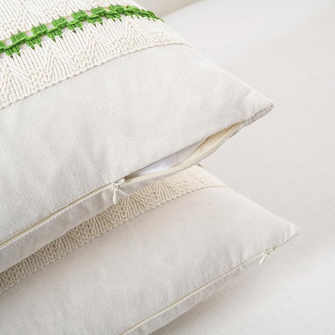 Fancy Homi Set of 2 Boho Lime Green Lumbar Decorative Throw Pillow Cover 12x20 Inch for Couch Bed Sofa Chair, Modern Organic Farmhouse Home Decor, Soft Cotton Cute Accent Rectangle Cushion Case
