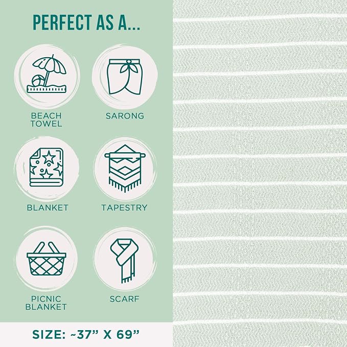 Sand Cloud Turkish Beach Towel - 100% Certified Organic Turkish Towel - Quick Dry Towel for Beach, Picnic, Blanket or Bath Towel - As Seen on Shark Tank - Gocek (Sage Green) (Pack of 2)