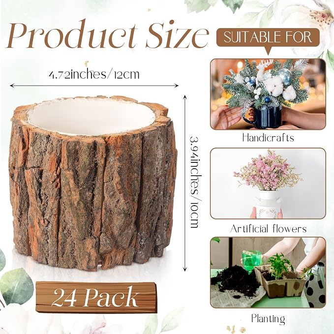24 Pcs Wooden Vase for Centerpieces Wedding Flower Table Centerpieces Woodland Party Decor Rustic Farmhouse Bark Stump Buckets Vintage Planter Pots for Garden Baby Shower Window Home (Large)