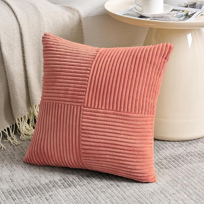 Fancy Homi Set of 1 Coral Square Decorative Throw Pillow Covers 14x14 Inch for Living Room Bedroom Couch Bed Sofa, Soft Striped Corduroy Modern Rectangle Accent Cushion Case 35x35 cm