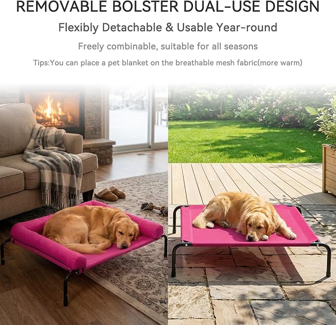 Cooling Elevated Dog Bed for Large Dogs, Outdoor Raised Dog Beds Dogs Cot | Dogs Bed W/Breathable Mesh, Pet Cots W/Removable Waterproof Bolster