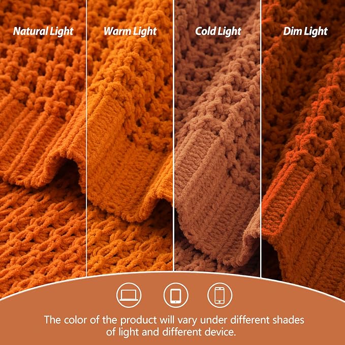 Burnt Orange Throw Blanket for Couch, Fall Waffle Knit Throw Blanket 50x60 | Chunky Chenille Throw Blanket, Soft Warm Decorative Fall Blanket for Sofa Bed, Ideal Fall Home Decor