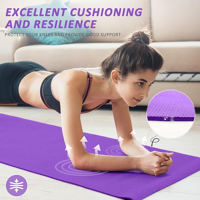 Signature Fitness All Purpose 0.25 Inch Thick High Density No Tear Exercise Yoga Mat w/Strap & Lightweight Features for Indoor & Outdoor Use, Purple