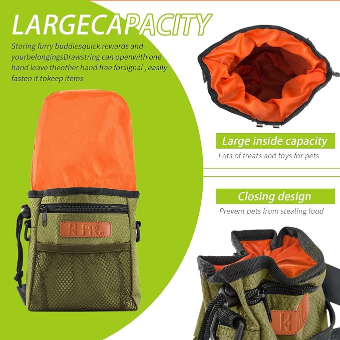 Dog Treat Training Pouch with Built-in Poop Bag Dispenser, Army Green | Easily Carries Pet Toys, Kibble, Treats, 3 Ways to Wear, Foldable Silicone Bowl, Quick One-Hand Access for Dog Walks & Hiking