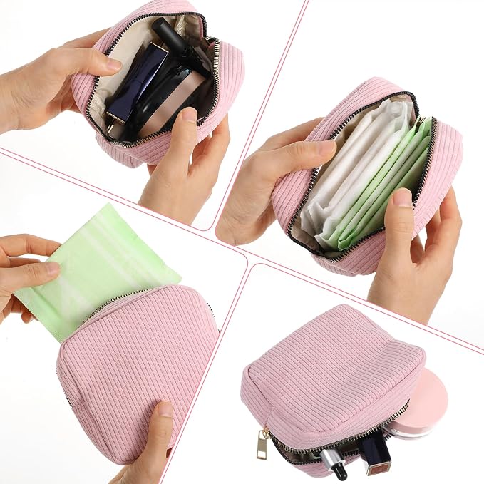 Period Bag for Teen Girls (Pink) | Corduroy Sanitary Napkin Storage Bags Portable Sanitary Pad Storage Bag with Slip-in Pockets