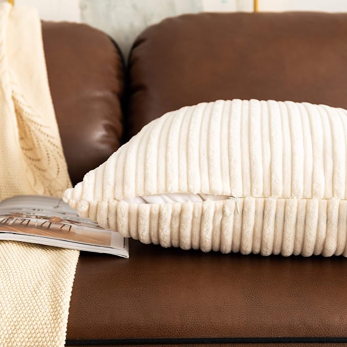 UGASA Corduroy Striped Soft Soild Decorative Square Throw Pillow Covers Set Cushion Cases Pillowcases for Sofa Bedroom, 2 Pcs, 26x26inch, Cream