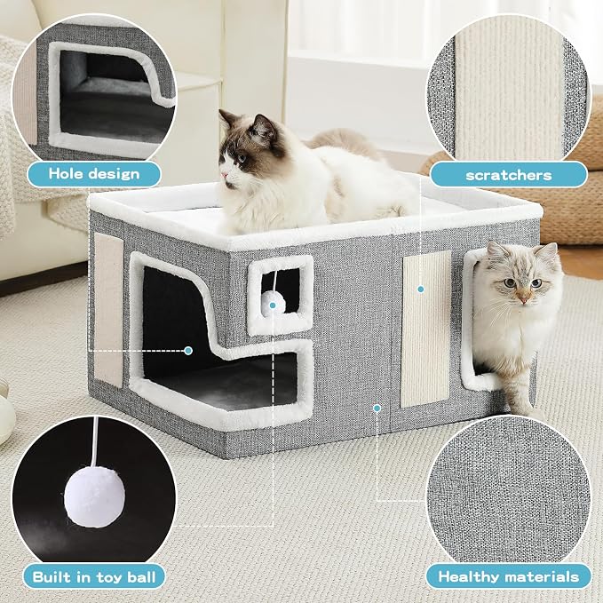 Large Cat Houses for Indoor Cats, Extra Wide Cat Cave Bed with Scratch Pad and Fluffy Ball, Foldable Cat Hideaway Condo for Large Cats, Modern Kitten Bed,23x16x13 inches (Grey, X-Large)