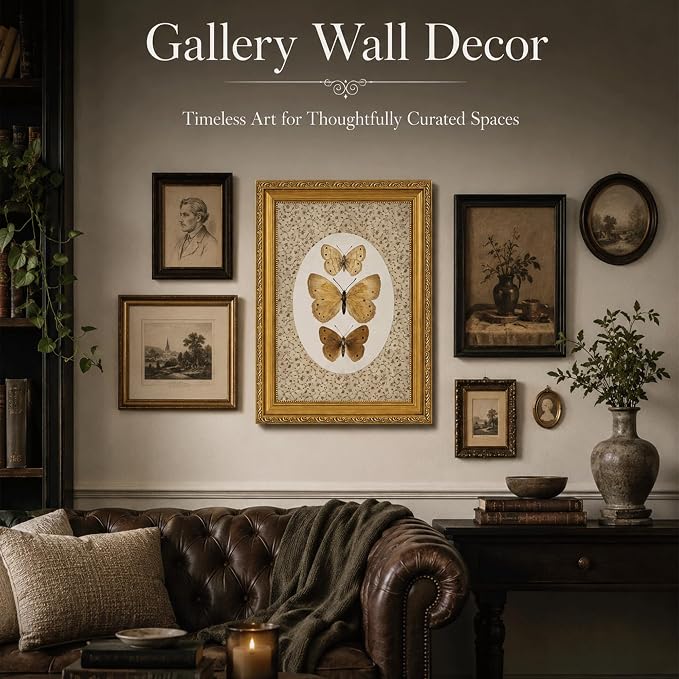 Vintage Butterfly Specimen Wall Art, Gold Framed Canvas Print | Vintage butterfly specimen wall art with gold frame, suitable for study room, office, and gallery wall decoration.