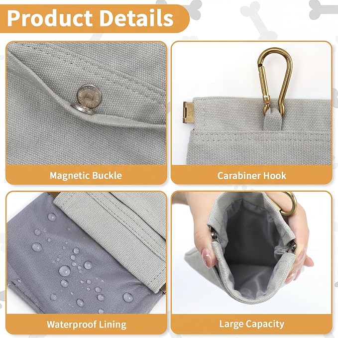 Dog Treat Pouch for Pet Training, Carabiner & Magnetic Buckle, Grey