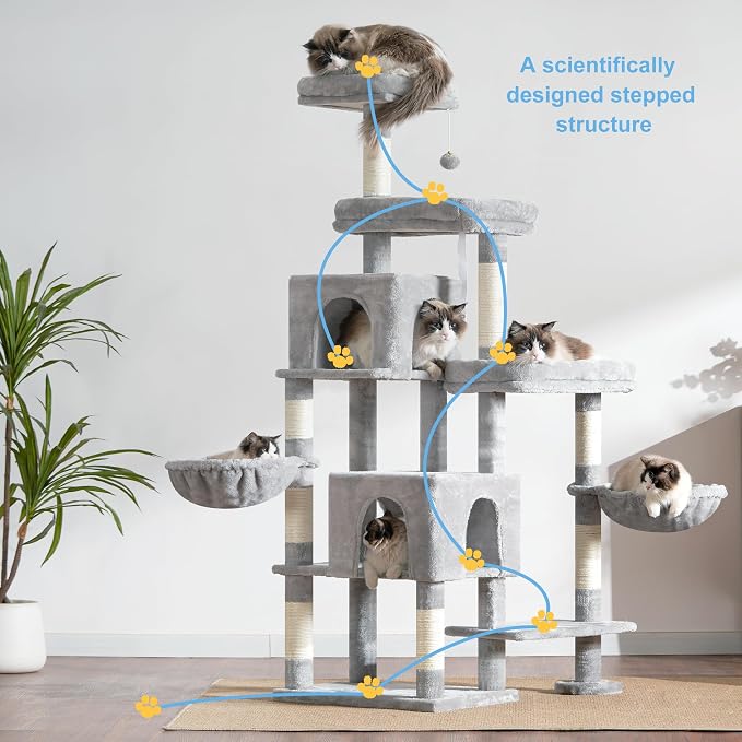Hey-brother Cat Tree Tower with Stable Extended Base, 3 Platforms, MPJ038W | 70.9 Inches Multi-Level Sisal Scratching Posts, Wide Bed, 2 Cozy Condos, 2 Hammocks, Toy Balls for Indoor Cats, Light Gray