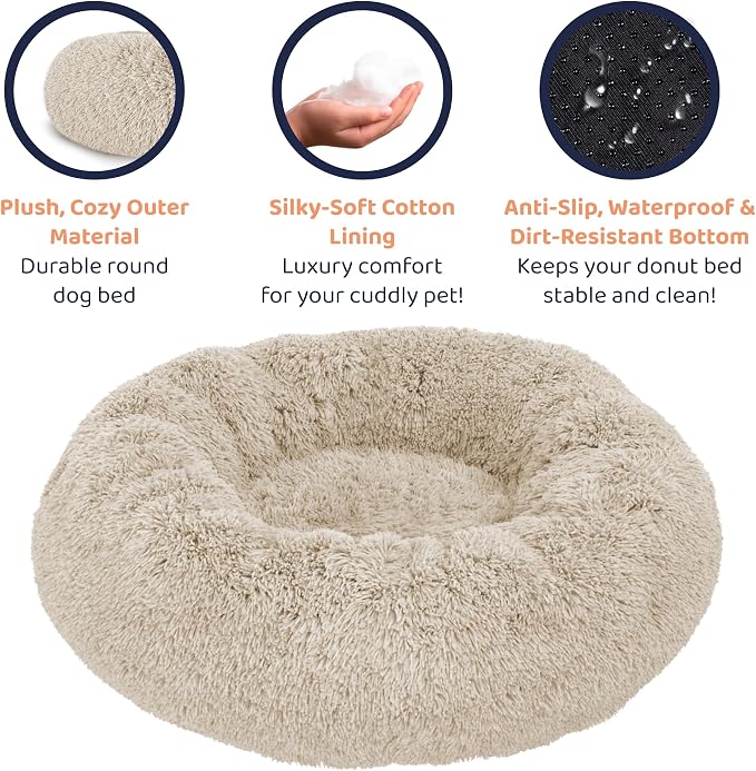 Donut Dog Bed - Premium Comfort for Anxiety Relief - Fluffy & Calming Design with Ultra-Plush Support | Cozy Round Dog Bed with Super Soft Circle Style (Ivory Beige, Small)