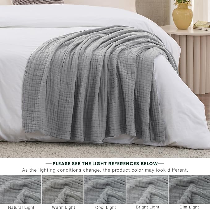 Love's cabin 100% Cotton Muslin Blanket, 6 Layer Lightweight Breathable Gauze Throw Blanket 50 x 60 Inches, Soft All Season Blanket for Couch, Bed, Sofa, Medium Grey