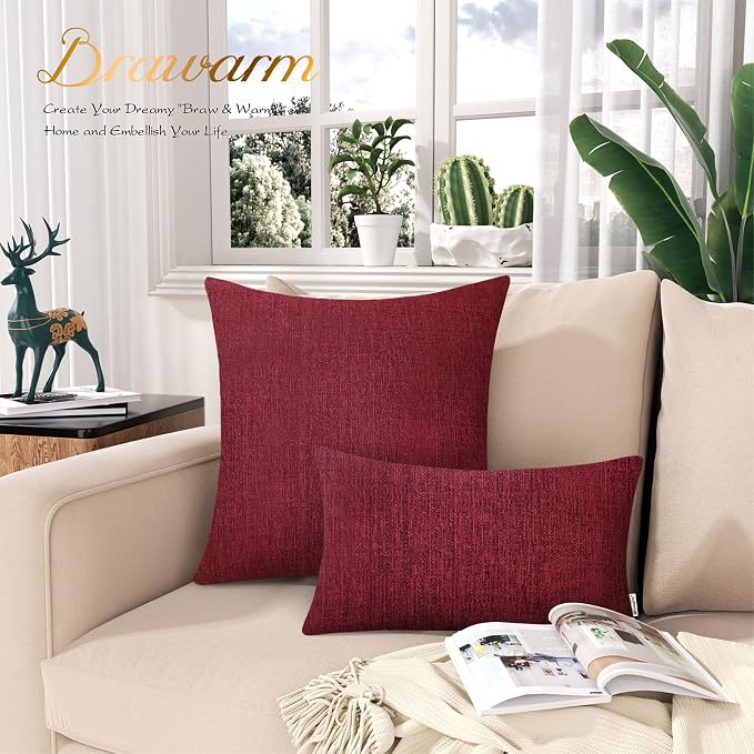 BRAWARM Throw Pillow Covers 22x22 Inches - Burgundy Chenille Pillow Covers Pack of 2, Solid Dyed Soft Chenille Pillow Cases for Couch Sofa Bed Home Decoration
