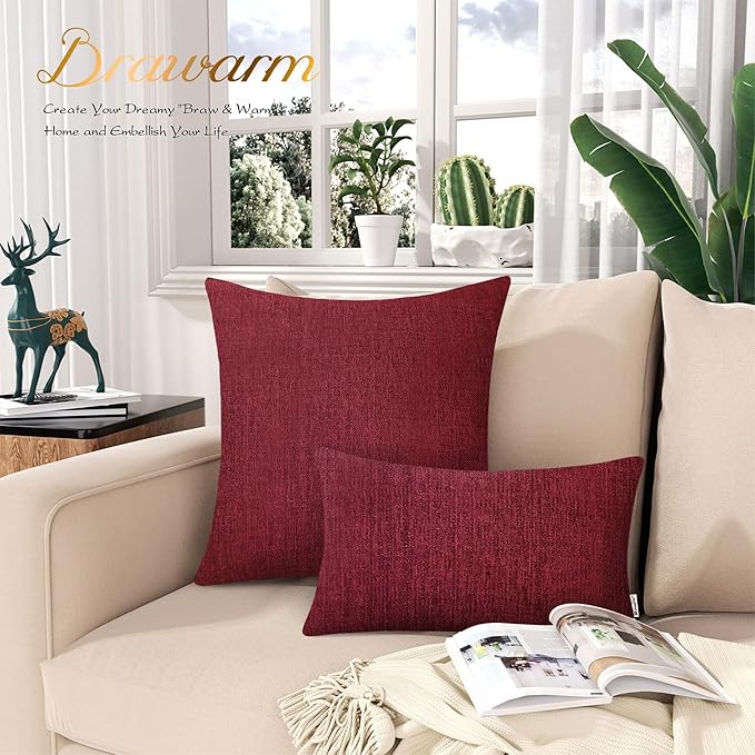 BRAWARM Throw Pillow Covers 18x18 Inches - Burgundy Chenille Pillow Covers Pack of 2, Solid Dyed Soft Chenille Pillow Cases for Couch Sofa Bed Home Decoration