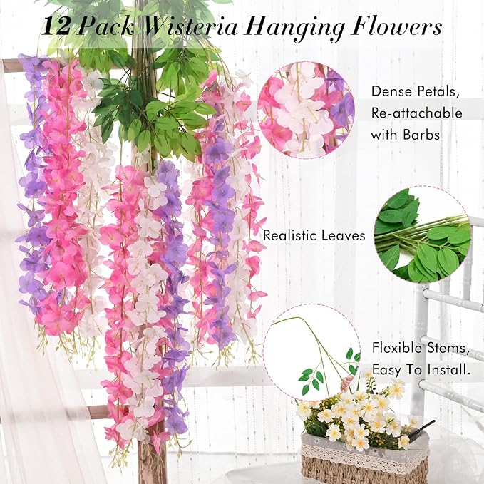24 Pack Wisteria Hanging Flowers, 3.6 Feet Wisteria Artificial Flowers, Wisteria Garland, Hanging Flowers for Wedding Decoration, Vines for Bedroom Home Wall Decor (White & Pink & Purple)