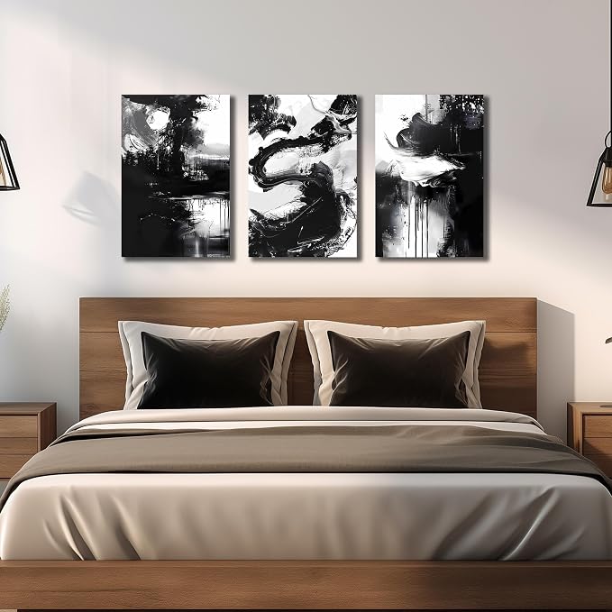 DNIEOTU Abstract Canvas Wall Art for Living Room, Black and White Picture Prints Wall-Decor for Bedroom, Size 16 x 24 Inches 3-Piece