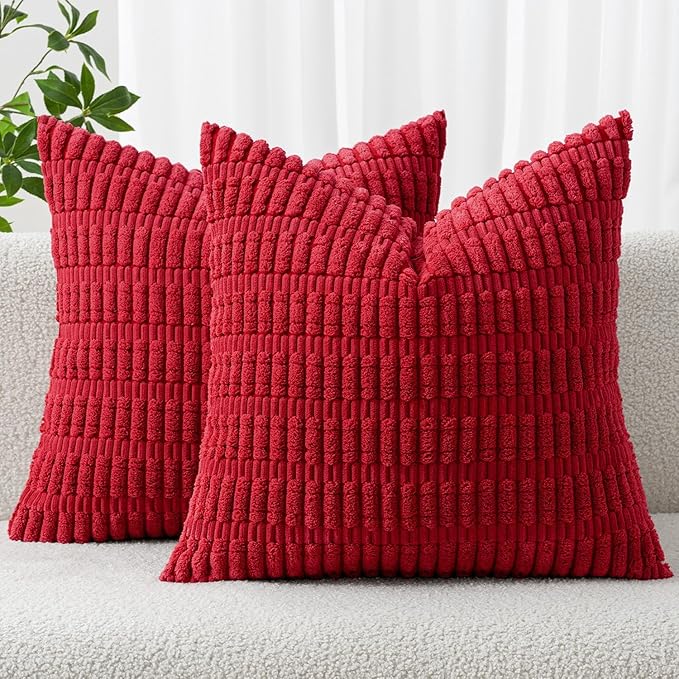 MIULEE Corduroy Decorative Throw Pillow Covers 18x18 Red Pack of 2 | Soft Boho Striped Pillow Covers Modern Farmhouse Home Decor For Sofa Living Room Couch Bed