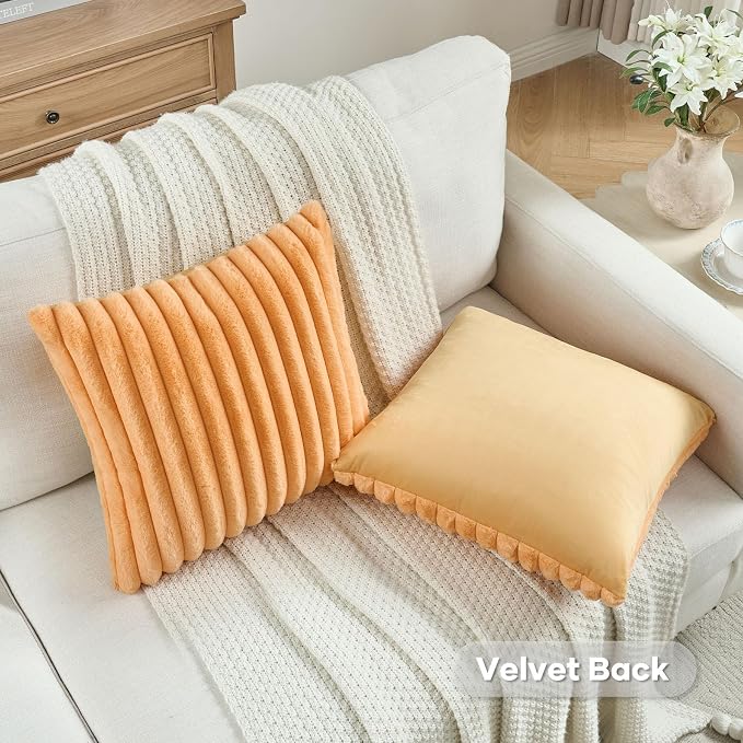 FUTEI Pack of 2 Faux Fur Throw Pillow Covers 20x20 Inch, Orange | Fluffy Faux Rabbit Fur Front/Premium Velvet Back,Hidden Zipper,Machine Washable,Non-Shedding,Colorfast,Insert Not Included.