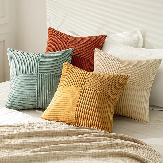 MIULEE Fall Teal-Orange Decorative Throw Pillow Covers 24x24 Inch Set of 4 Boho Corduroy Striped Cushion Cases Modern Farmhouse Patchwork Pillow Cases for Couch Sofa Bedroom Home Decor