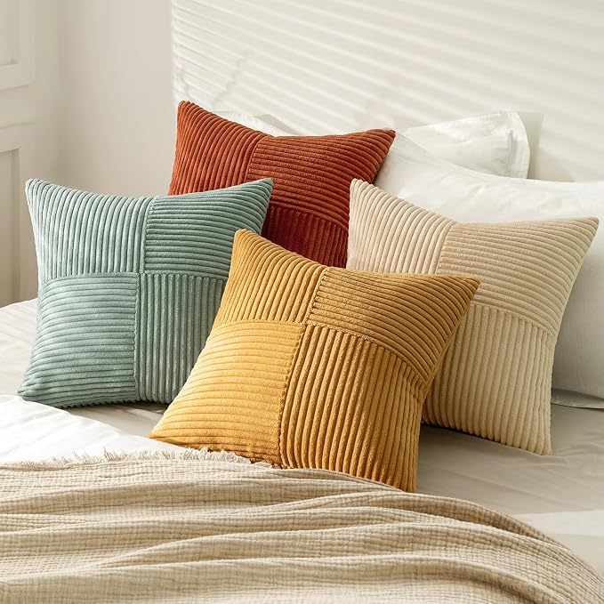 MIULEE Fall Teal Orange Decorative Throw Pillow Covers 18x18 Inch Set of 4 Boho Corduroy Striped Cushion Cases Modern Farmhouse Patchwork Pillow Cases for Couch Sofa Bedroom Home Decor