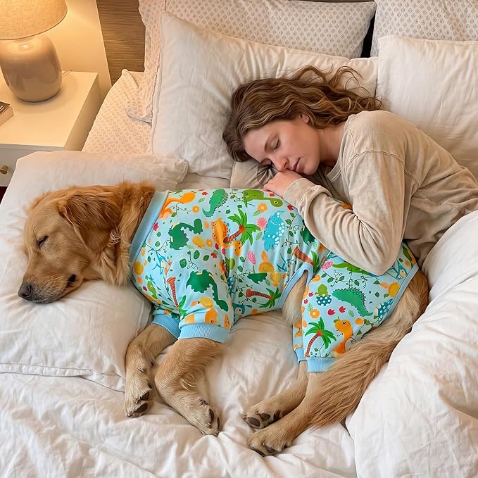 XPUDAC 2 Pack Dog Pajamas for Large Breeds, 4-Way Stretch Soft Dog Onesie Lightweight Warm Pet Clothes Jammies for Large Breeds Dinosaur Avocado Print, 7XL