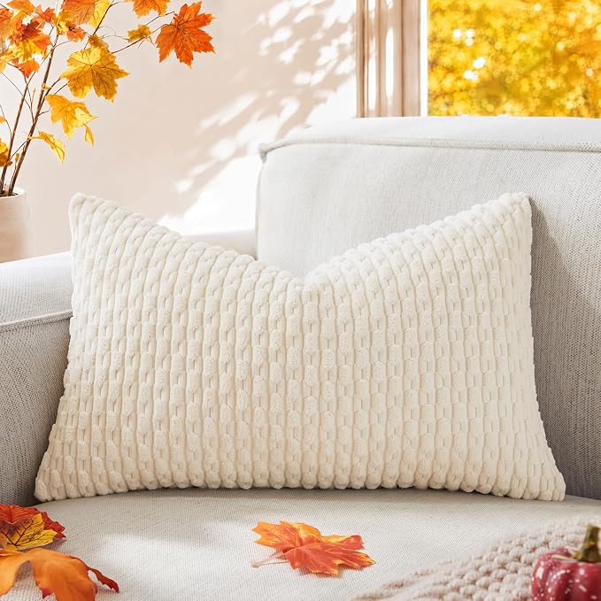 Kevin Textile Soft Corduroy 14"x20" Lumbar Pillow Cover 1 Pack, Cream White | Boho Stripe Plush Corduroy Decorative Oblong Cushion Cover Modern Farmhouse Home Decor for Sofa Couch Bed Chair