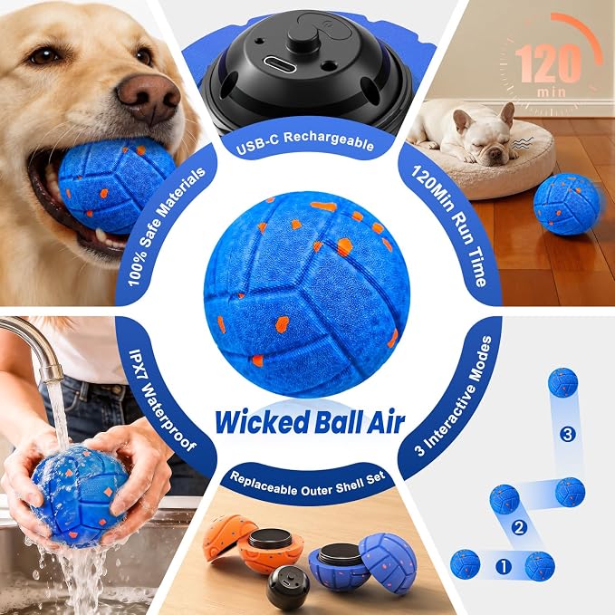Smart Interactive Dog Toy to Keep Them Busy, Automatic Moving, E-TPU Material, 3 Interactive Modes, IPX7 Waterproof, USB Rechargeable, Active Rolling Ball for Puppy, Medium and Large Dogs (Blue)