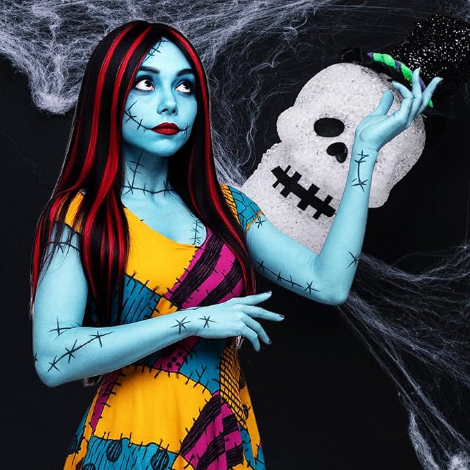 Halloween Makeup Kit for Corpse Bride Costume Women Girls Kids,Costume Accessories Cosplay Makeup Set with Light Blue Face Paint,Black Liquid Eyeliner,Red Lipstick,Blue Clip in Hair Extensions&Sponges