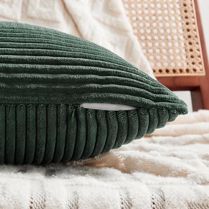 Fancy Homi Dark Green Decorative Throw Pillow Covers 20x20 Inch for Living Room Couch Bed, Boho Farmhouse Forest Green Home Decor, Soft Corss Corduroy Patchwork Textured Cushion Case
