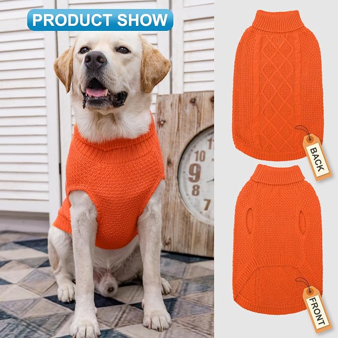 Mihachi Turtleneck Dog Sweater - Winter Coat Apparel Classic Cable Knit Clothes with Leash Hole for Cold Weather, Ideal Gift for Pet in New Year Orange, Medium/Large