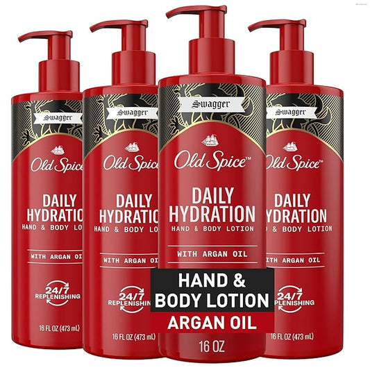 Old Spice Hand & Body Lotion for Men, Daily Hydration, 24/7 Hydration, 24/7 Replenishing Rich Moisture for Dry Skin, Lightweight Formula, Swagger with Argan Oil Scent, 16 fl (Pack of 4)