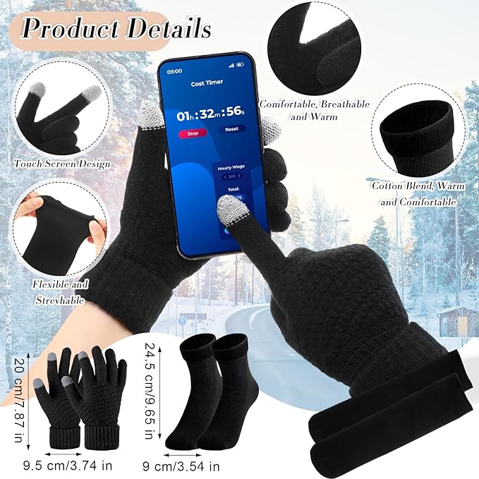 SATINIOR 5 Pcs Winter Beanie Hat Scarf Gloves Set Fleece Lined Knit Hat Warm Touch Screen Gloves Earmuff Warmer for Women(Black,Trendy Style)