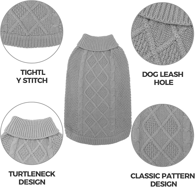Mihachi Turtleneck Dog Sweater - Winter Coat Apparel Classic Cable Knit Clothes with Leash Hole for Cold Weather, Ideal Gift for Pet in New Year Grey L