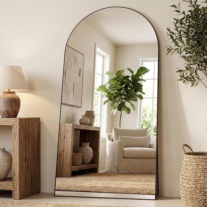 Antok 81" x41” Arched Full Length Floor Mirror, Black Aluminum Frame, Free Standing/Wall Mount/Leaning for Bedroom, Living Room, Dressing Room