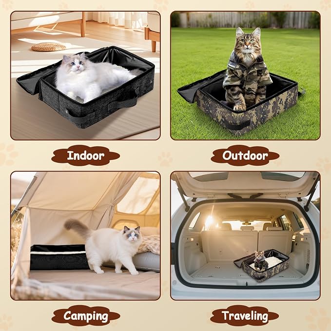 Portable Cat Litter Box with Lid, 16 * 12 * 6 inches, Black | Foldable, Ease of use, Non-Leaking, Easy to take, Lightweight, For Outdoor Camping & Traveling, Zipper Lock