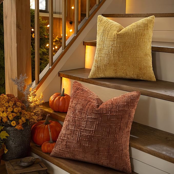 decorUhome Textured Chenille Throw Pillow Covers 16x16 Set of 2 Rust | Fall Modern Farmhouse Soft Cozy Slubby Couch Pillow Cases Boho Decorative Pillow Cases for Bed Sofa Living Room Home Decor