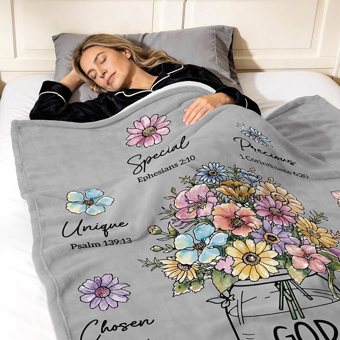 Christian Religious Gifts for Women, Grey Christian Blanket with Flowers | Birthday Gifts for Women, Spiritual Baptism Religious Gifts for Men Dad Mom Daughter Girls Boy, Soft Throw Blanket 60''x 50''