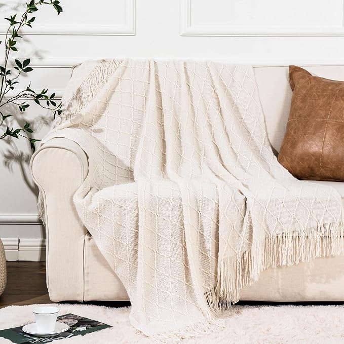 BATTILO HOME Cream Throw Blanket for Couch, Boho Bedroom Decor Throws, Decorative White Throw for Sofa Living Room, 50"x60" | Boho Bedroom Decor Throws, Decorative White Throw for Sofa Living Room
