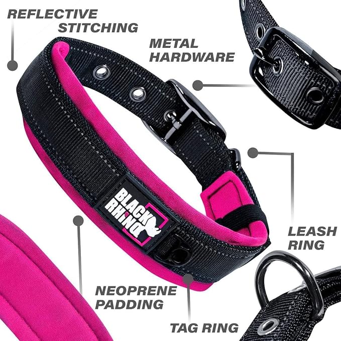 Black Rhino - The Comfort Collar Ultra Soft Neoprene Padded Dog Collar for All Breeds - Heavy Duty Adjustable Reflective Weatherproof (Small, Pink/Black)