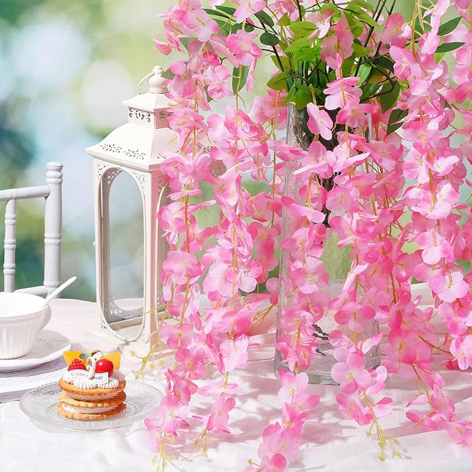 Wisteria Hanging Flowers, Fake Flowers, 24 Pack 3.6 Feet/Pcs Pink Wisteria Artificial Flowers, Fake Flowers Garland, Hanging Vines for Bedroom Wedding Home Party Wall Decoration