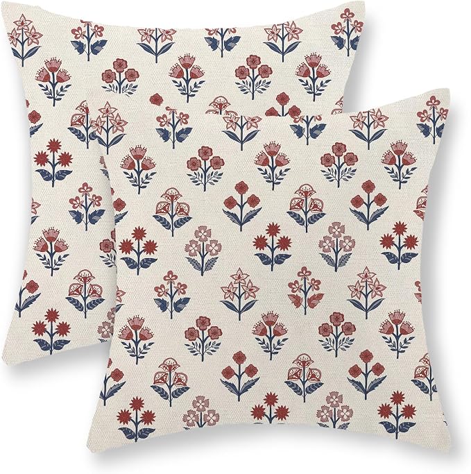 Red Blue Pillow Covers 18x18 Inch Set of 2 Patriotic 4th of July Throw Pillows Vintage Flower Boho Block Print Floral Decorative Pillow Cases Outdoor Linen Cushion Cover for Couch Sofa Decor