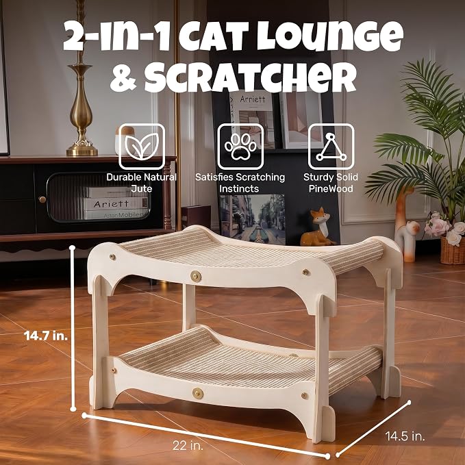 Cat Lounger, 2-Tier Wood Bed & Scratcher, Double Layer Cat Hammock Bunk Bed for Indoor Large Cats, Heavy Duty Multi-Cat Lounge Chair Furniture with Durable Jute Pads