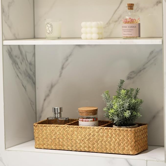 Seagrass Storage Basket 3 Sections Woven Shelf Baskets with Compartment (Natural, 14.6inch x 4.7inch x 3.1inch)
