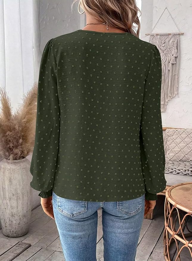 Womens Tops Swiss Dot Boho Long Sleeve Shirts V Neck Casual Chiffon Blouses Flowy Lace Hem Cute Clothing Trendy 2026